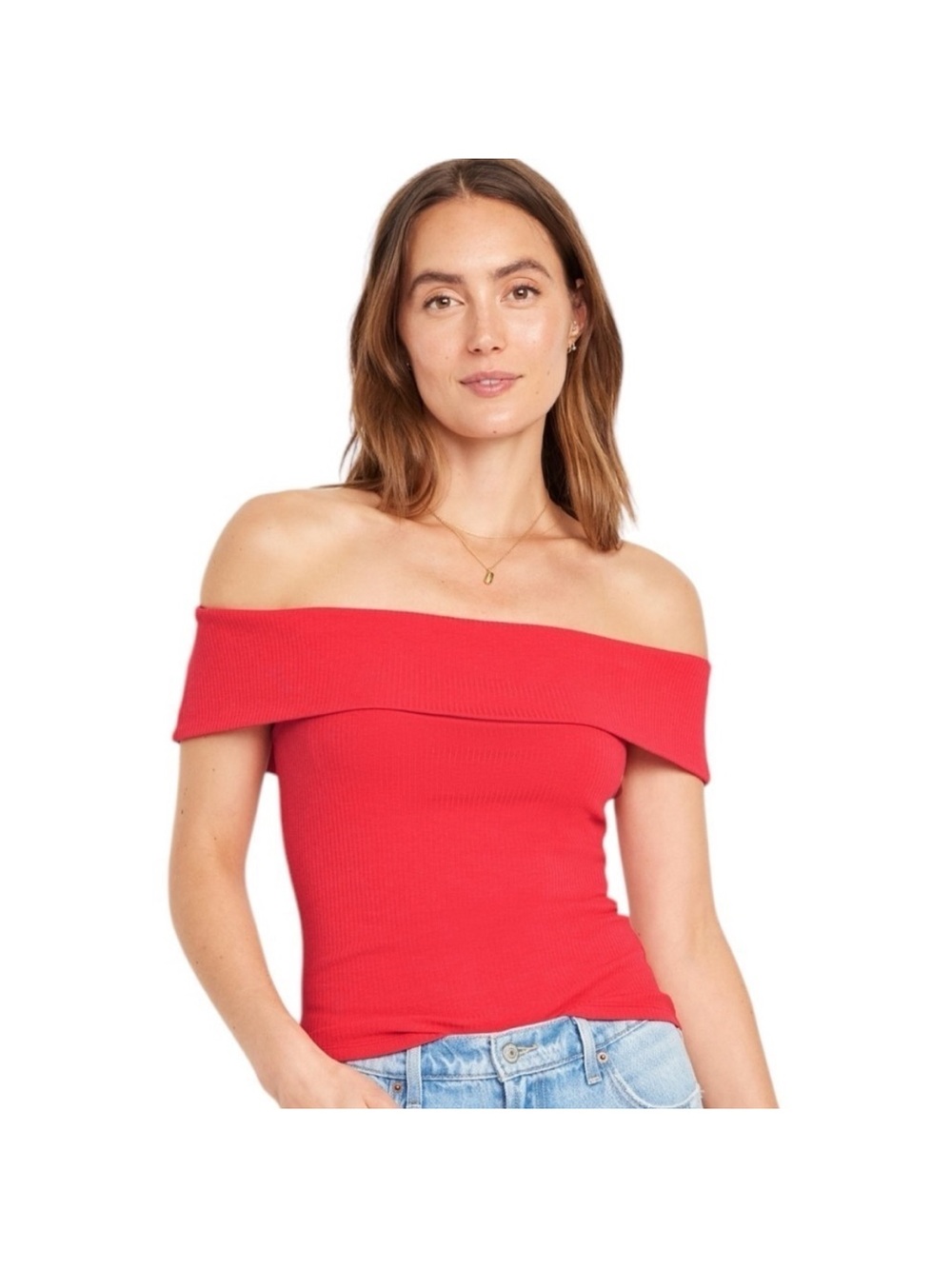 Old Navy Women’s Off Shoulder Ribbed Tank Top in Cherry Tomato Red Cotton Modal